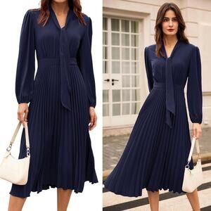 NWT Grace Karin Tea Dress Bow Tie Neck Long Sleeve Dress Back Smocked Size 12